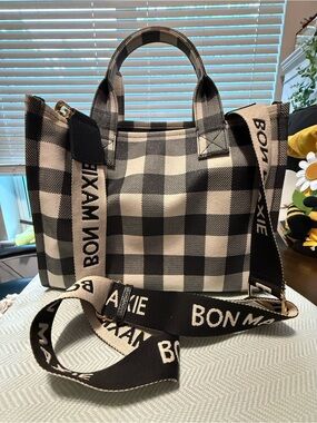 Bon Maxie Medium Black & White Checked waxed Canvas Tote
